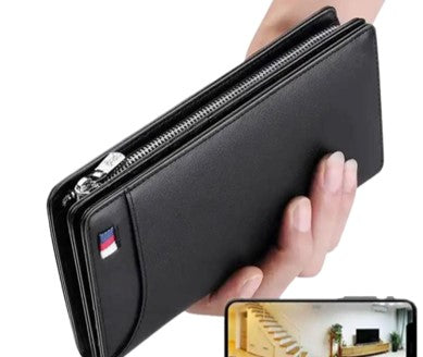 ארנק עם מצלמה נסתרת משדרת בליב לאפליקציה חכמה